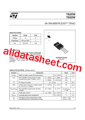 T820-600W Datasheet PDF - STMicroelectronics